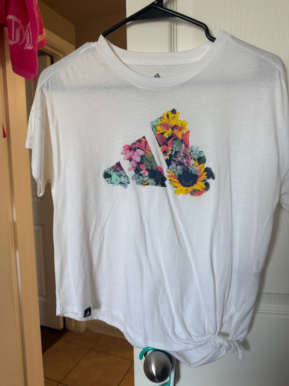 adidas White Tee with Multicolor Floral Logo and Tie Hem